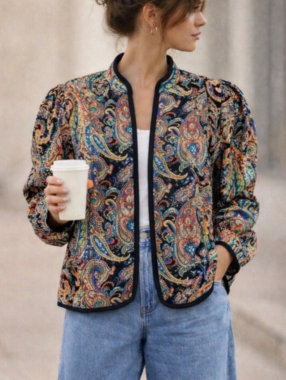 Vtg Blair Quilted Paisley Open Front Jacket Puffy Sleeve Colorful Cottagecore L
